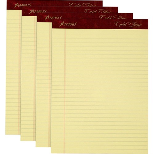 Gold Fibre Writing Pads, Wide/legal Rule, 50 Canary-Yellow 8.5 X 11.75 Sheets, 4/pack