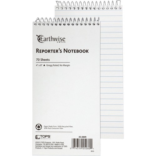 Earthwise By Ampad Recycled Reporter's Notepad, Gregg Rule, White Cover, 70 White 4 X 8 Sheets