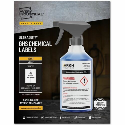 ULTRADUTY GHS CHEMICAL WATERPROOF AND UV RESISTANT LABELS, 3.5 X 5, WHITE, 4/SHEET, 50 SHEETS/BOX