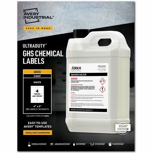 ULTRADUTY GHS CHEMICAL WATERPROOF AND UV RESISTANT LABELS, 4 X 4, WHITE, 4/SHEET, 50 SHEETS/BOX