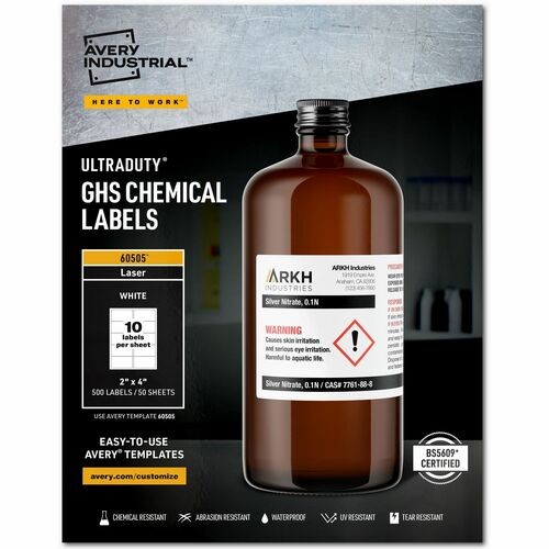 ULTRADUTY GHS CHEMICAL WATERPROOF AND UV RESISTANT LABELS, 2 X 4, WHITE, 10/SHEET, 50 SHEETS/BOX