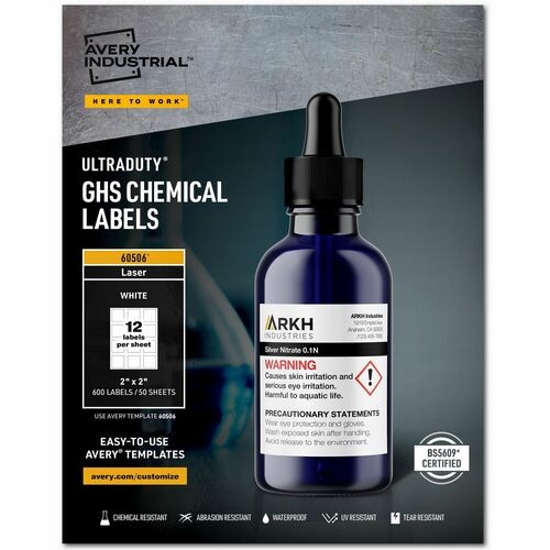 ULTRADUTY GHS CHEMICAL WATERPROOF AND UV RESISTANT LABELS, 2 X 2, WHITE, 12/SHEET, 50 SHEETS/BOX