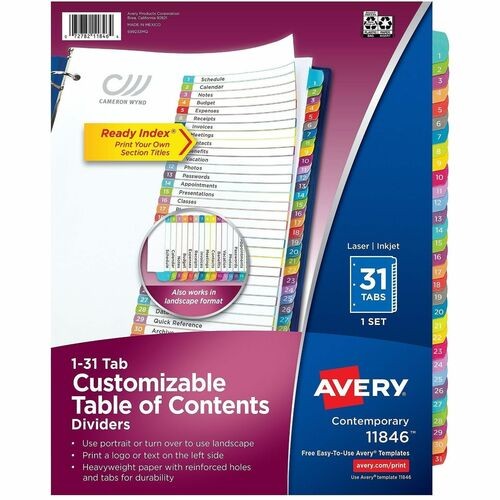 Customizable TOC Ready Index Multicolor Tab Dividers, 31-Tab, 1 to 31, 11 x 8.5, White, Contemporary Color Tabs, 1 Set