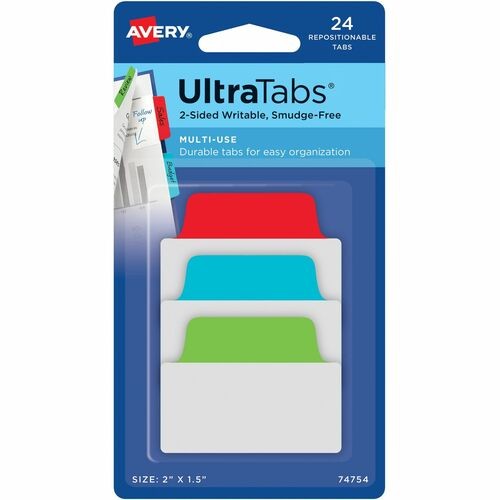 Ultra Tabs Repositionable Tabs, Standard: 2" x 1.5", 1/5-Cut, Assorted Colors (Blue, Green and Red), 24/Pack