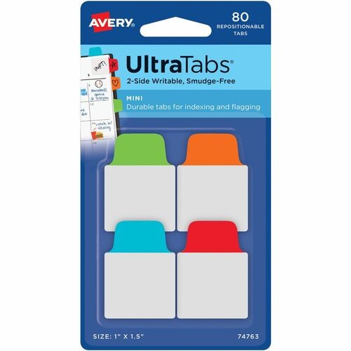Ultra Tabs Repositionable Tabs, Mini Tabs: 1" x 1.5", 1/5-Cut, Assorted Colors, 80/Pack