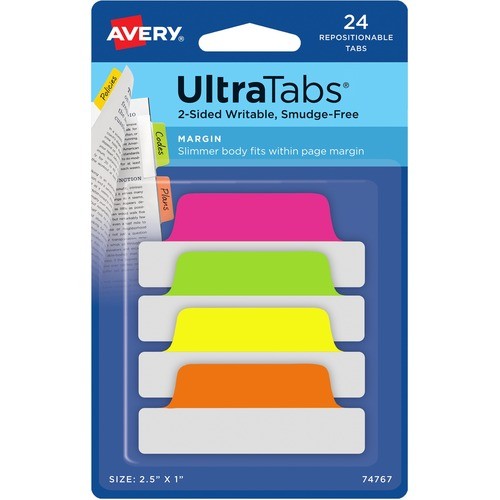 Ultra Tabs Repositionable Tabs, Margin Tabs: 2.5" x 1", 1/5-Cut, Assorted Neon Colors, 24/Pack