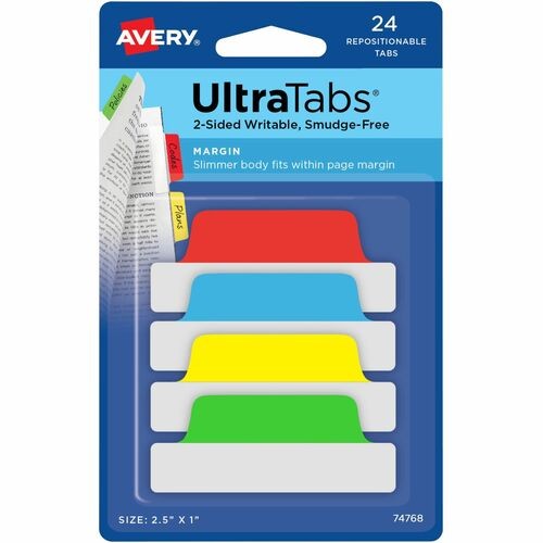 Ultra Tabs Repositionable Tabs, Margin Tabs: 2.5" x 1", 1/5-Cut, Assorted Colors, 24/Pack