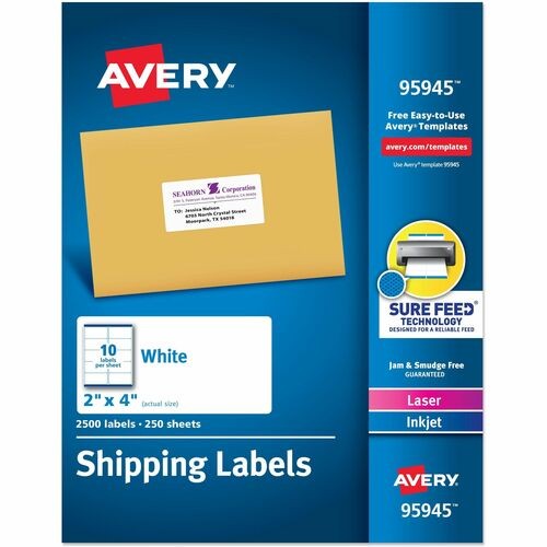 WHITE SHIPPING LABELS-BULK PACKS, INKJET/LASER PRINTERS, 2 X 4, WHITE, 10/SHEET, 250 SHEETS/BOX