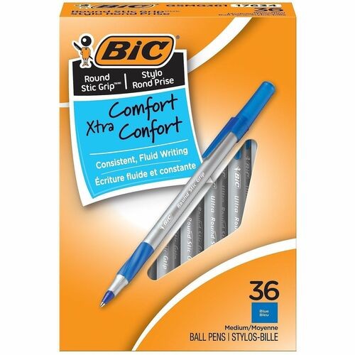 Round Stic Grip Xtra Comfort Ballpoint Pen Value Pack, Easy-Glide, Stick, Medium 1.2 Mm, Blue Ink, Gray/blue Barrel, 36/pack