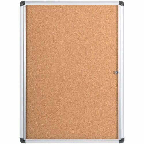 Slim-Line Enclosed Cork Bulletin Board with One Door, 28" x 38", Tan Surface, Satin Aluminum Frame