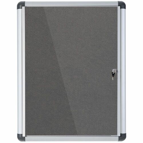 Slim-Line Enclosed Fabric Bulletin Board with One Door, 28" x 38", Gray Surface, Satin Aluminum Frame