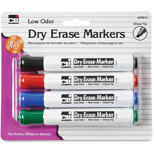 Markers,Dry-Erase Boards, Chisel Tip, 4/PK, AST