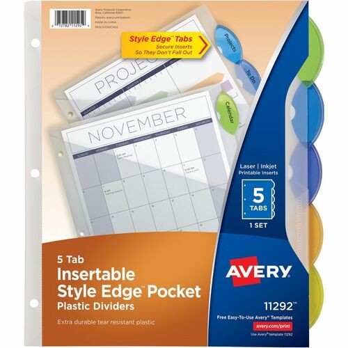 Insertable Style Edge Tab Plastic 1-Pocket Dividers, 5-Tab, 11.25 x 9.25, Translucent, 1 Set