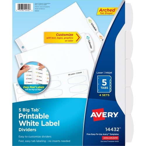 Big Tab Printable White Label Tab Dividers, 5-Tab, 11 x 8.5, White, 4 Sets