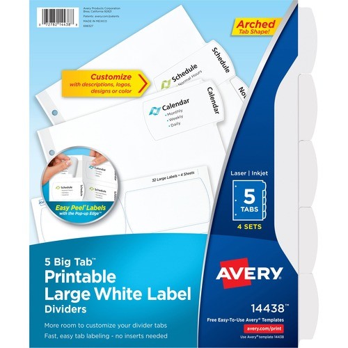 Big Tab Printable Large White Label Tab Dividers, 5-Tab, 11 X 8.5, White, 4 Sets