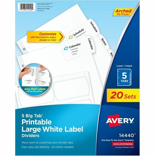 Big Tab Printable Large White Label Tab Dividers, 5-Tab, 11 x 8.5, White, 20 Sets