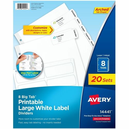Big Tab Printable Large White Label Tab Dividers, 8-Tab, 11 x 8.5, White, 20 Sets