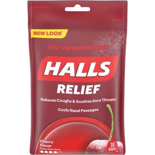 Halls Cherry Cough Drops, 30 Pcs, 12/BX, Red
