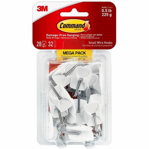General Purpose Hooks, Small, Metal, White/Silver, 0.5 lb Capacity, 28 Hooks and 32 Strips/Pack