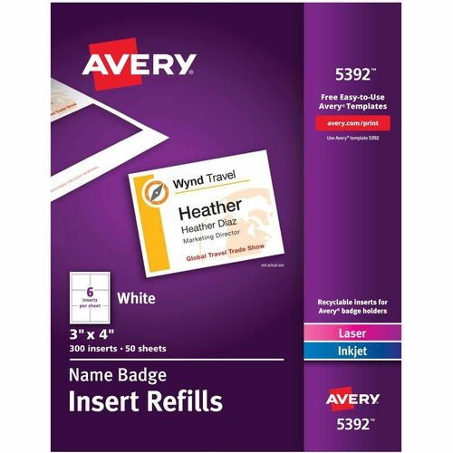NAME BADGE INSERT REFILLS, HORIZONTAL/VERTICAL, 3 X 4, WHITE, 300/BOX