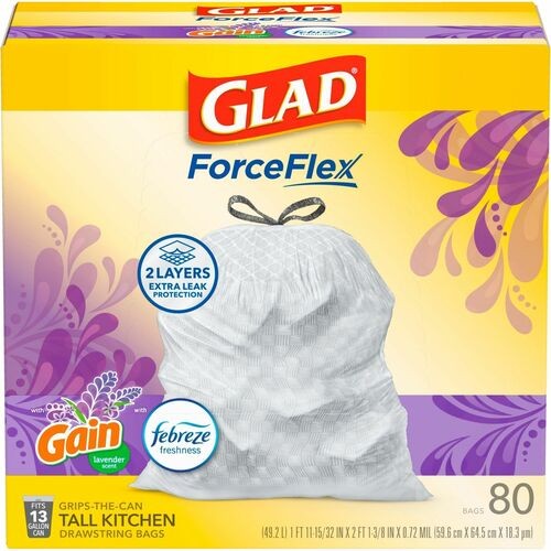 ForceFlex Kitchen Drawstring Trash Bags, 13 gal, Gain Lavender Scent, 24 x 27.38, White, 80 Bags/Box, 3 Boxes/Carton