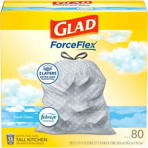 ForceFlex Kitchen Drawstring Trash Bags, 13 gal, Fresh Clean Scent, 24" x 27.38", White, 80 Bags/Box, 3 Boxes/Carton