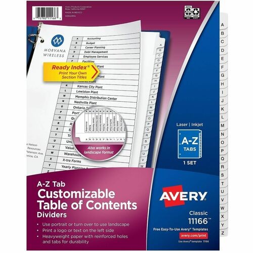 Customizable TOC Ready Index Black and White Dividers, 26-Tab, A to Z, 11 x 9.25, 1 Set