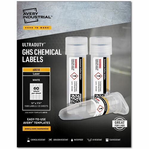 ULTRADUTY GHS CHEMICAL WATERPROOF AND UV RESISTANT LABELS, 0.5 X 1.75, WHITE, 60/SHEET, 25 SHEETS/PACK