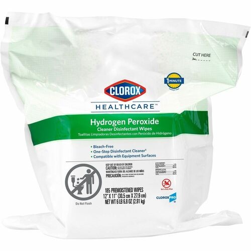 Hydrogen Peroxide Cleaner Disinfectant Wipes, 12 x 11, Unscented, White, 185/Pack, 2 Packs/Carton