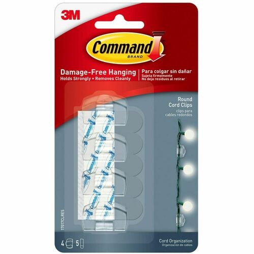 Cord Clip, Round, With Adhesive, 0.75"w, Clear, 4/pack