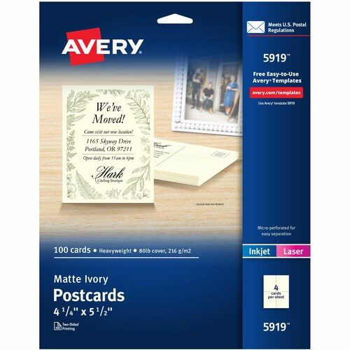 Printable Postcards, Inkjet/Laser, 80 lb, 4.25 x 5.5, Matte Ivory, 100 Cards, 4 Cards/Sheet, 25 Sheets/Box