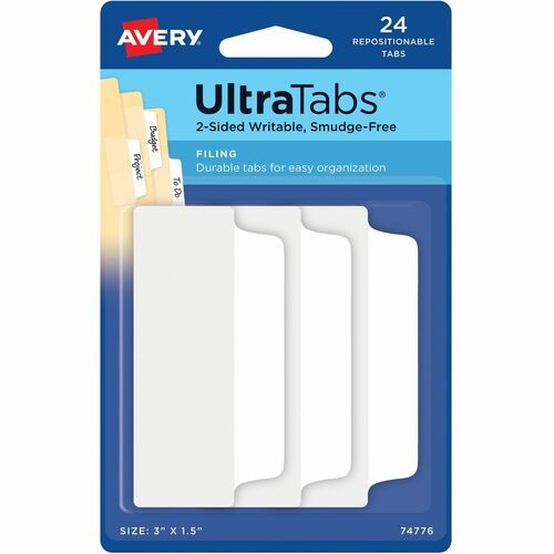 Ultra Tabs Repositionable Tabs, Wide and Slim: 3" x 1.5", 1/3-Cut, White, 24/Pack