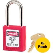 Safety Padlock, Labeled, 1/4"Dx1-1/2"H Shackle, 6/PK, Red