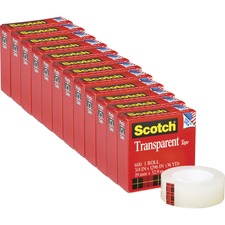Transparent Tape, 1" Core, 12 Rolls/PK, 3/4"x1296"