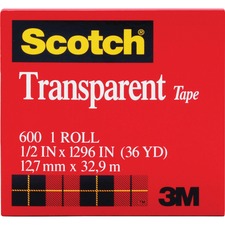 Transparent Tape, 1" Core, 1/2"x 36 Yds, 12/PK