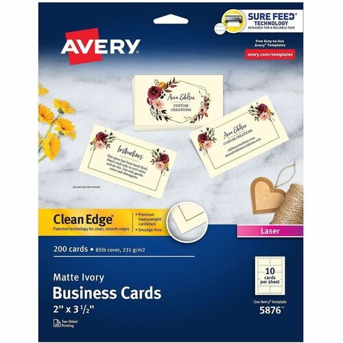 Clean Edge Business Cards, Laser, 2 x 3.5, Ivory, 10 Cards/Sheet, 20 Sheets/Pack