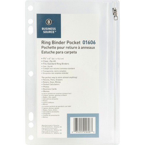 Ring Binder Pocket, w/Zipper, Plastic, 7HP, 9-1/2"x6", Clear