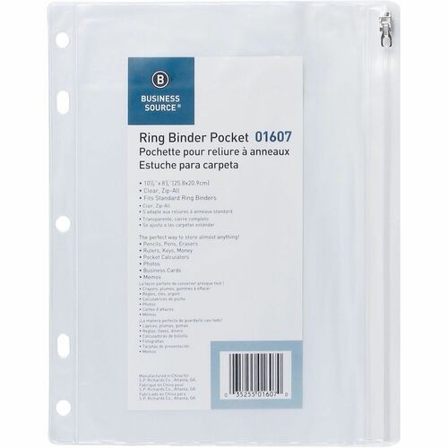 Ring Binder Pocket, w/Zipper, Plastic, 7HP, 10"x8", Clear