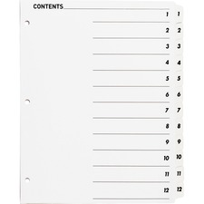Index Dividers, w/TOC Page, 1-12, 12 Tabs/ST, 11"x8-1/2", White
