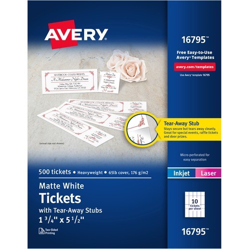 Printable Tickets with Tear-Away Stubs, 97 Bright, 65 lb Cover Weight, 8.5 x 11, White, 10 Tickets/Sheet, 50 Sheets/Pack