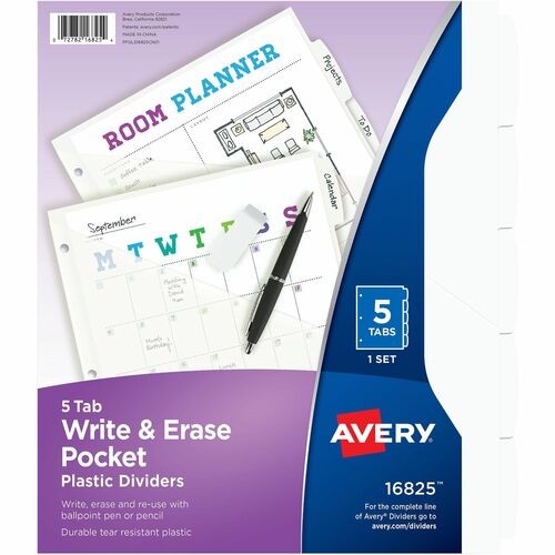 Write and Erase Durable Plastic Dividers with Straight Pocket, 5-Tab, 11.13 x 9.25, White, 1 Set