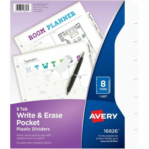 Write and Erase Durable Plastic Dividers with Straight Pocket, 8-Tab, 11.13 x 9.25, White, 1 Set