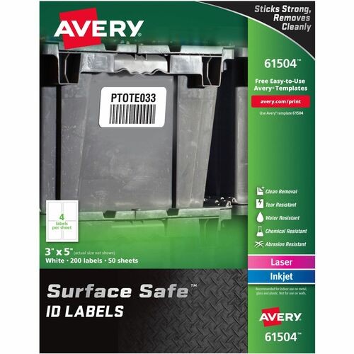 Surface Safe ID Labels, 3 x 5, White, 4/Sheet, 50 Sheets/Box