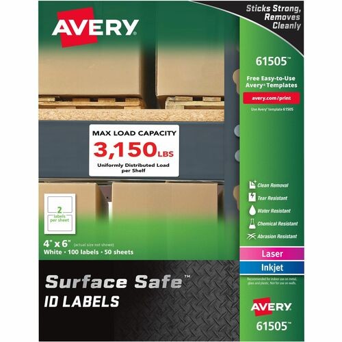 Surface Safe ID Labels, 4 x 6, White, 2/Sheet, 50 Sheets/Box