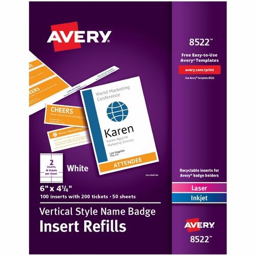 NAME BADGE INSERT REFILLS, VERTICAL, 4 1/4 X 6, WHITE, 100/PACK
