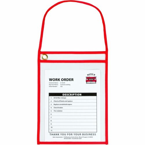 Stitched Shop Ticket Holders with 22" Hang Strap, Super Heavy-Duty, Top Load 9 x 12 Insert, Clear Front, Red Border, 15/Box