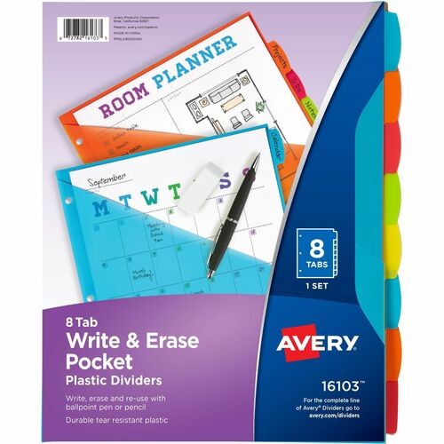 Write-On Dividers w/Pocket, 8-Tab, 9-1/4"x11-1/8", Bright AST
