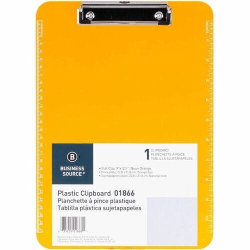 Clipboard, Plastic, w/Flat Clip, 9"x12-1/2", Neon Orange