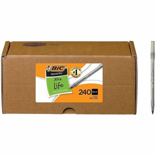 Round Stic Xtra Life Ballpoint Pen Xtra Value Pack, Stick, Medium 1 mm, Black Ink, Translucent Frost Barrel, 240/Carton