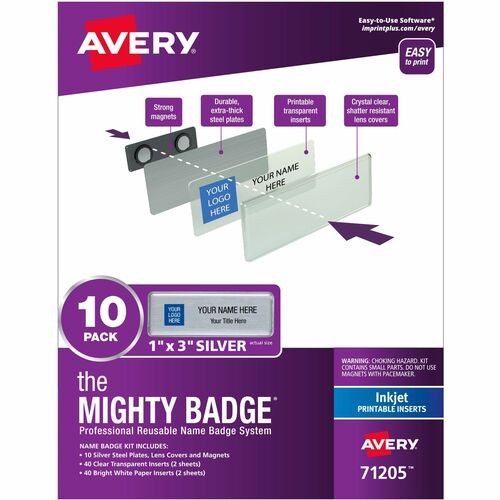 The Mighty Badge Name Badge Holder Kit, Horizontal, 3 X 1, Inkjet, Silver, 10 Holders/ 80 Inserts